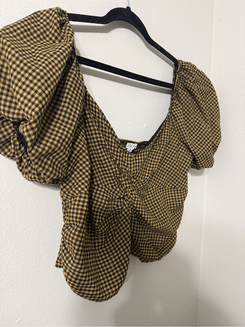 Rabbit Rose Puff Sleeve Knot Front Cute Fall Gingham Top XL Black/Mustard